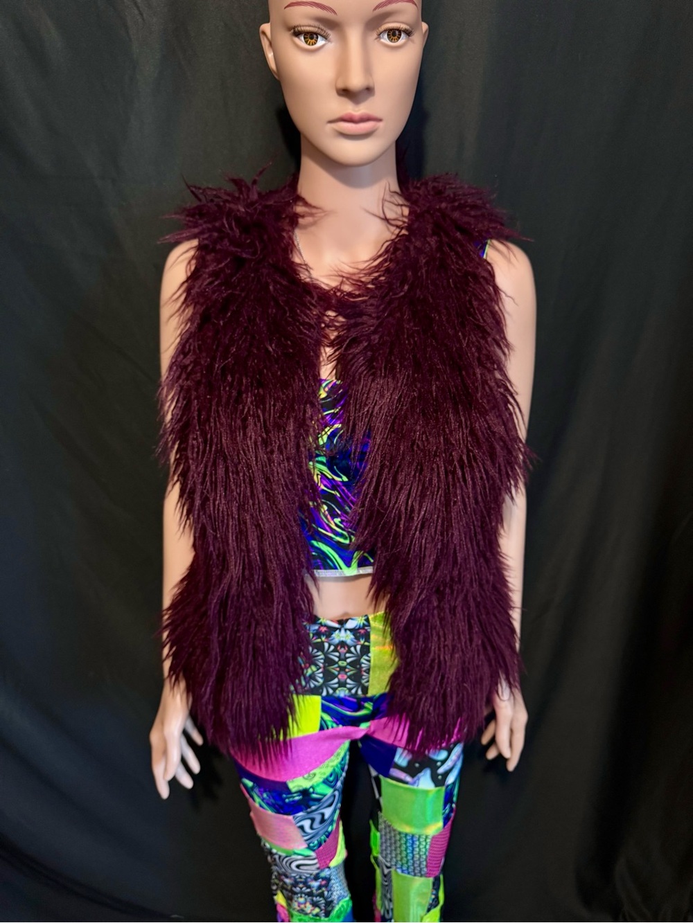 Plum Faux Fur Vest - Sleeveless Shaggy Layer